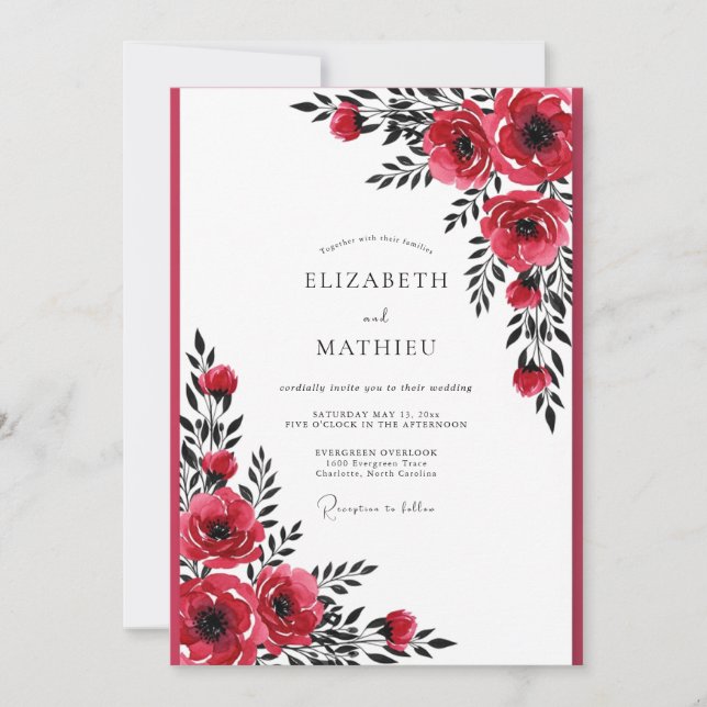 Crimson Red Dramatic Botanical Wedding Einladung (Vorderseite)