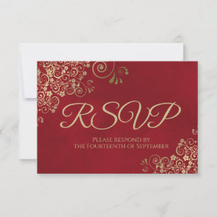 Crimson Red & Elegant Gold Lace Frilly Wedding RSVP Karte