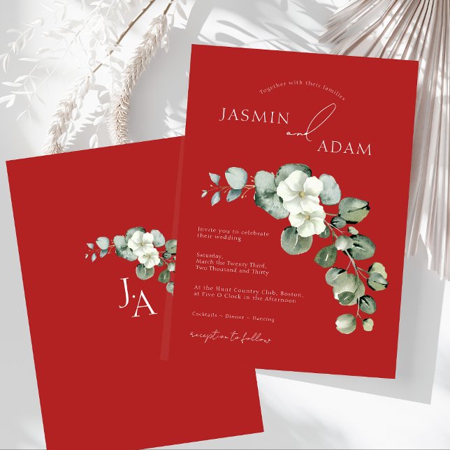 Crimson Red Eucalyptus Greenerage Foliage Wedding Einladung (Crimson Red Eucalyptus Greenery Foliage Wedding Invitation)