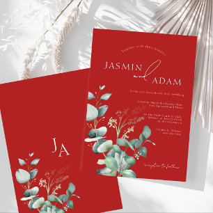 Crimson Red Eucalyptus Greenery Monogram Wedding Einladung
