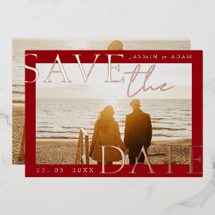 Crimson Red Foto Wedding Save the Date Rose Gold Folieneinladung