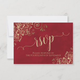 Crimson Red Gold Lace Elegante Calligrafy Wedding RSVP Karte
