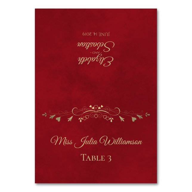 Crimson Red & Gold Wedding DIY Fold Platzkarte Tischnummer (Vorderseite)
