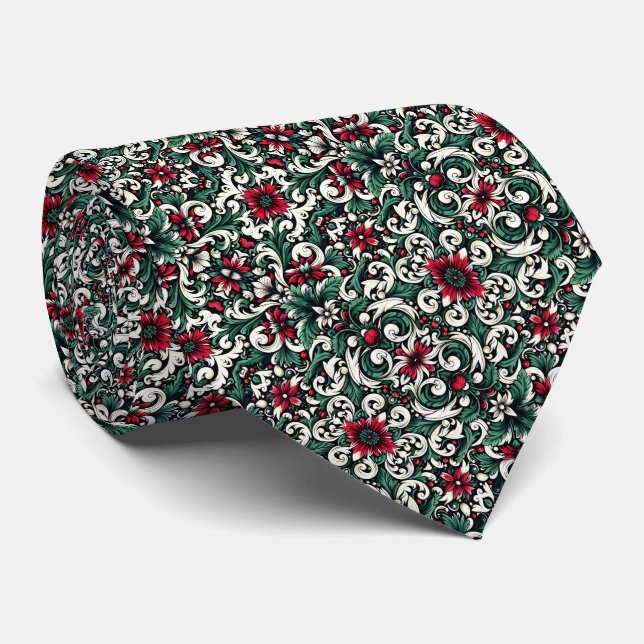 Crimson Red, Hunter Green, Black, & Ivory Floral  Krawatte (Gerollt)