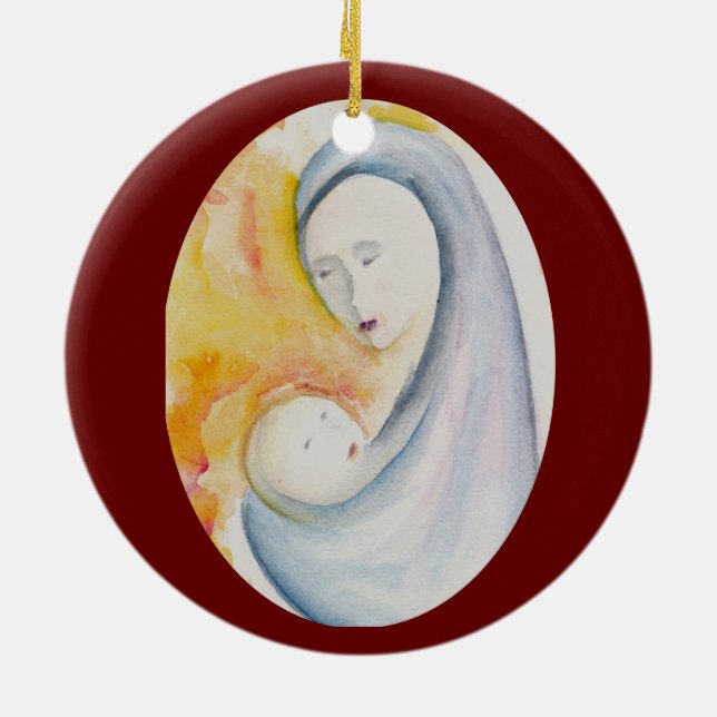 Crimson Red Madonna and Child Joy to the World Keramik Ornament (Hinten)