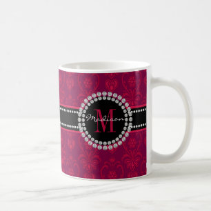 Crimson Red, Magenta Damask, Name und Monogramm Kaffeetasse