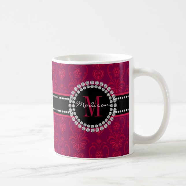 Crimson Red, Magenta Damask, Name und Monogramm Kaffeetasse (Rechts)