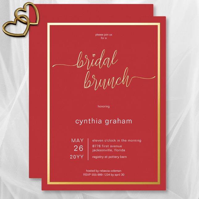 Crimson Red Modern Minimal Bridal Brunch Folieneinladung (Crimson Red Modern Minimal Bridal Brunch Foil Invitation)