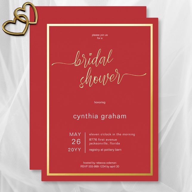 Crimson Red Modern Minimales Brautparty Folieneinladung (Crimson Red Modern Minimal Bridal Shower Foil Invitation)