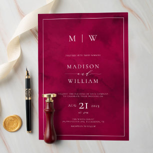 Crimson Red Monogram & Border Elegante Hochzeit Einladung