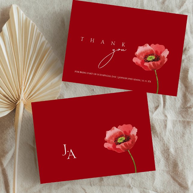 Crimson Red Poppy Monogram Wedding Dankeskarte (Crimson Red Poppy Monogram Wedding Thank You Card)