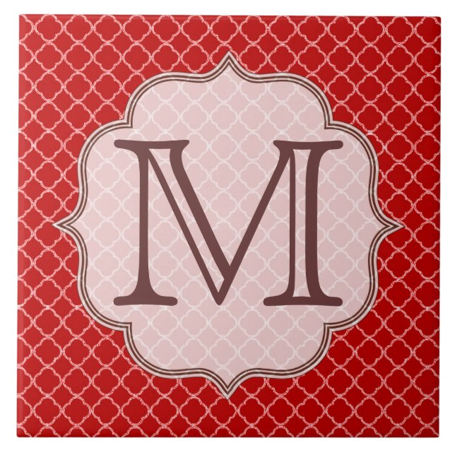 Crimson Red Quarterfoil Monogram Display Tile Fliese (Vorderseite)