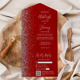 Crimson Red Silver Glitter QR Code Wedding All In One Einladung