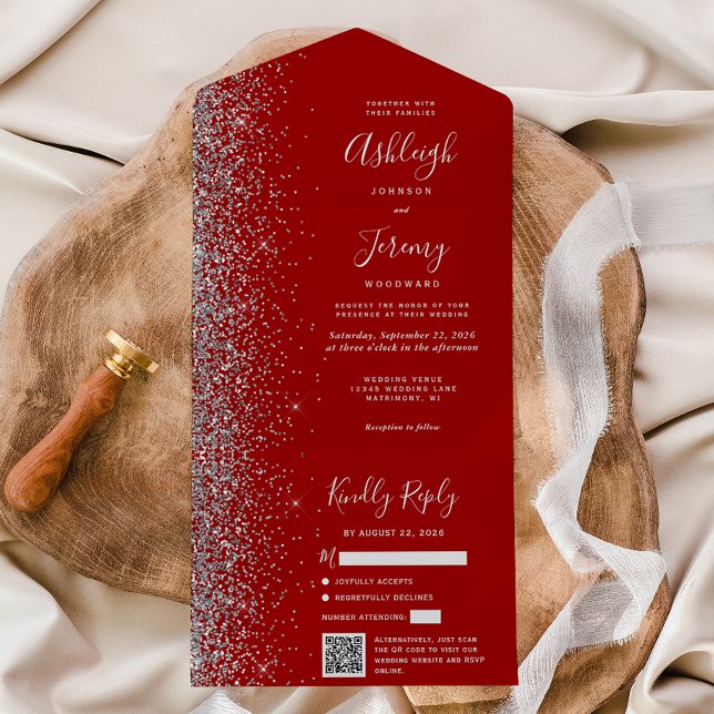 Crimson Red Silver Glitter QR Code Wedding All In One Einladung (Von Creator hochgeladen)