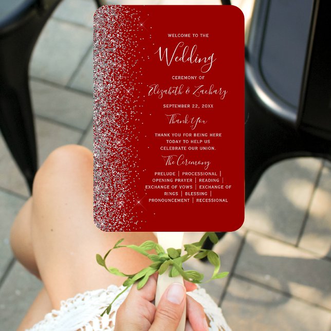 Crimson Red Silver Glitzer Edge Wedding Program Fächer (Von Creator hochgeladen)