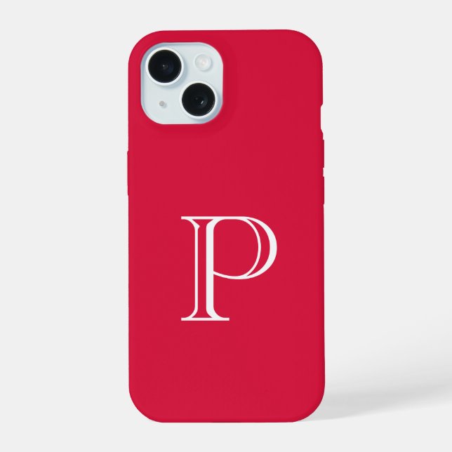 Crimson Red Solid Color Monogram Initial iPhone 15 Hülle (Rückseite)