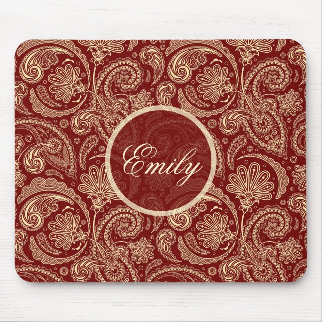 Crimson Red und Beige Creme Vintag Paisley Mousepad (Vorne)