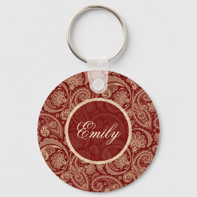 Crimson Red und Beige Creme Vintag Paisley Schlüsselanhänger (Vorderseite)