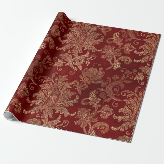 Crimson Red und Gold Vintag Damask Geschenkpapier (Ungerollt)