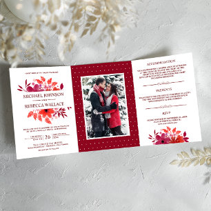 Crimson Red Watercolor Floral Wedding Foto Dreifach Gefaltete Einladung