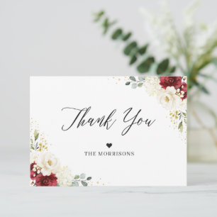 Crimson Red White Floral Gold Confetti Wedding Dankeskarte