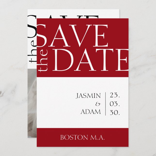 Crimson Red White Minimal Foto Hochzeit Save The Date (Vorne/Hinten)