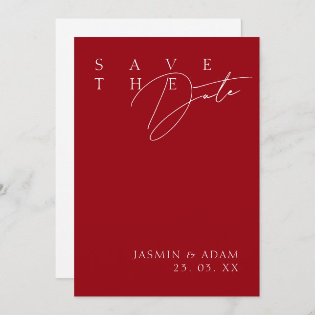 Crimson Red White Modern Typografy Wedding Save The Date (Vorne/Hinten)