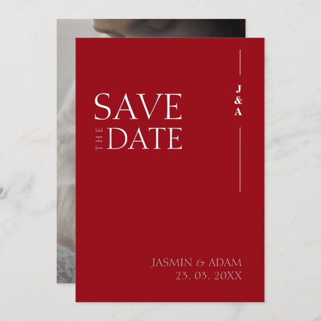 Crimson Red White Monogram Foto Wedding Save The Date (Vorne/Hinten)