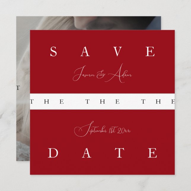Crimson Red White Simple Foto Wedding Save The Date (Vorne/Hinten)