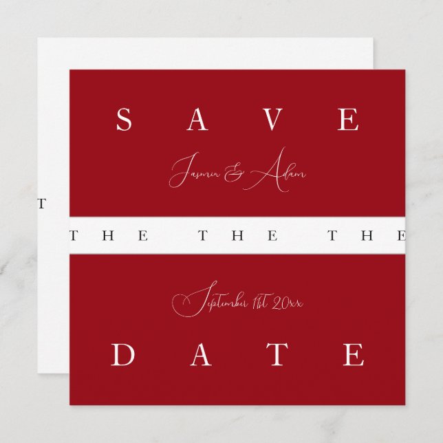 Crimson Red White Simple Typografy Wedding Save The Date (Vorne/Hinten)