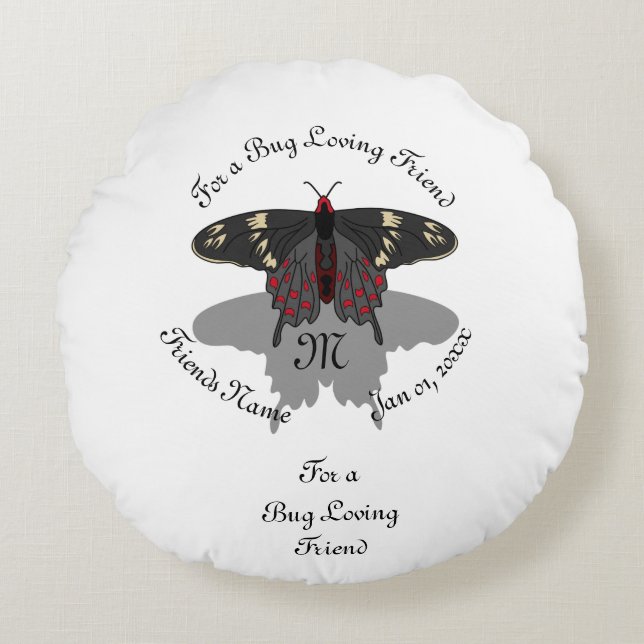 Crimson Rose Butterfly Shadow Monogram Rundes Kissen (Vorderseite)