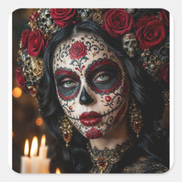 Crimson Rose Calavera – Eleganter Tag der Toten Quadratischer Aufkleber
