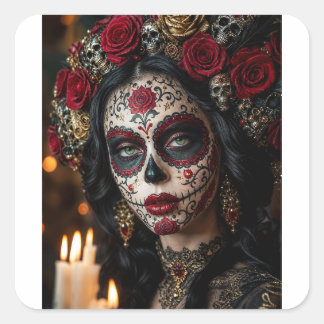Crimson Rose Calavera – Eleganter Tag der Toten Quadratischer Aufkleber