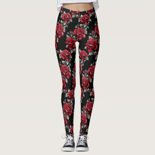 Crimson Rose Silver Blätter Gothic Leggings