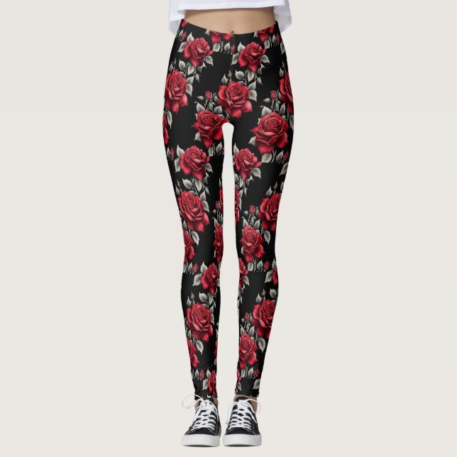 Crimson Rose Silver Blätter Gothic Leggings (Vorderseite)