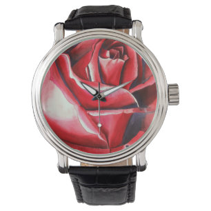 Crimson Rote Rose Aquarellkunst-Original-Kunstmakr Armbanduhr