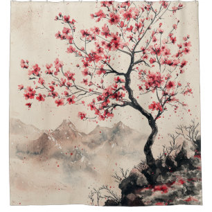 Crimson Sakura Mountain Serenity (1) Duschvorhang