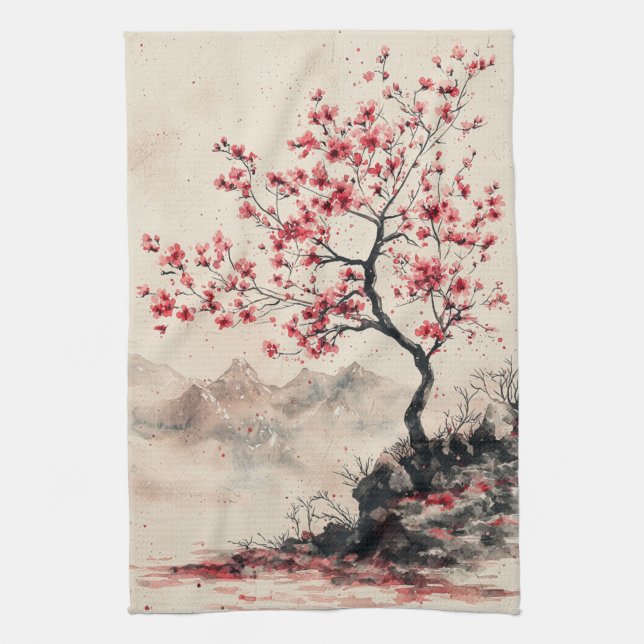 Crimson Sakura Mountain Serenity (1) Geschirrtuch (Vertikal)