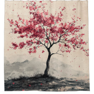 Crimson Sakura Mountain Serenity (2) Duschvorhang