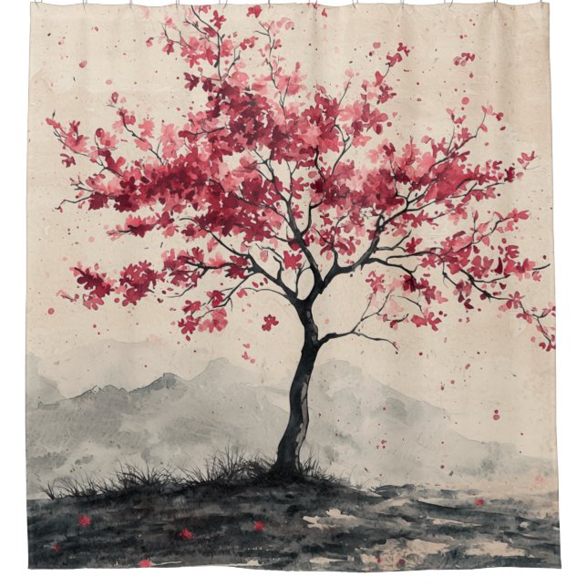 Crimson Sakura Mountain Serenity (2) Duschvorhang (Vorderseite)