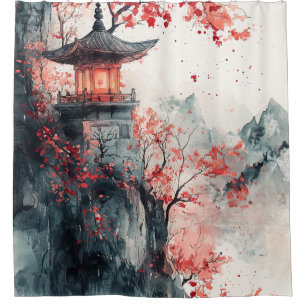 Crimson Sakura Pagode Aquarell Duschvorhang
