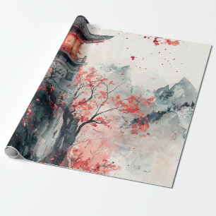 Crimson Sakura Pagode Aquarell Geschenkpapier