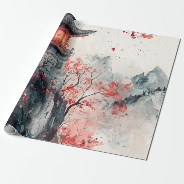 Crimson Sakura Pagode Aquarell Geschenkpapier (Ungerollt)