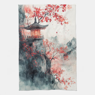 Crimson Sakura Pagode Aquarell Geschirrtuch