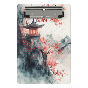 Crimson Sakura Pagode Aquarell Mini Klemmbrett