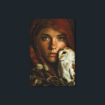 Crimson Scarf Snowy Owl Portrait Mystery Leinwanddruck<br><div class="desc">A young woman with luminous green eyes looks straight ahead beneath a richly textured crimson headscarf that frames her face like a medieval veil. A snowy owl with delicate brown markings perches calmly on her shoulder, its gaze mirroring hers in quiet intensity. Golden autumn leaves cling to the fabric and...</div>