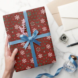 Crimson Snowflake & Holly Wrapping Paper Geschenkpapier
