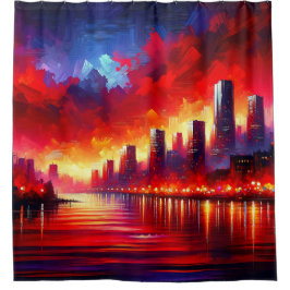 "Crimson Sunset Over City Skyline" Duschvorhang