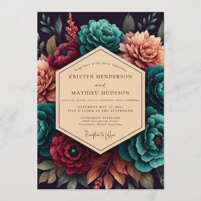 Crimson & Teal Opulente Blütenhochzeit Einladung (Vorderseite)