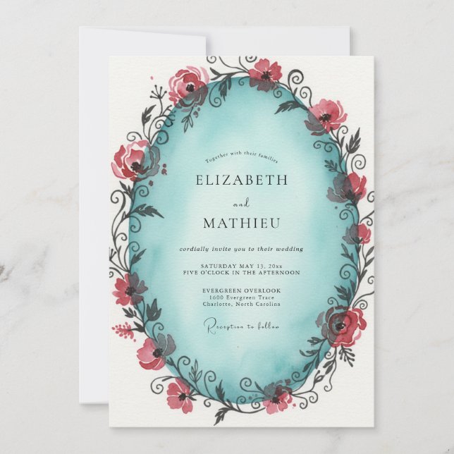 Crimson Teal Reben Hochzeit Einladung (Vorderseite)